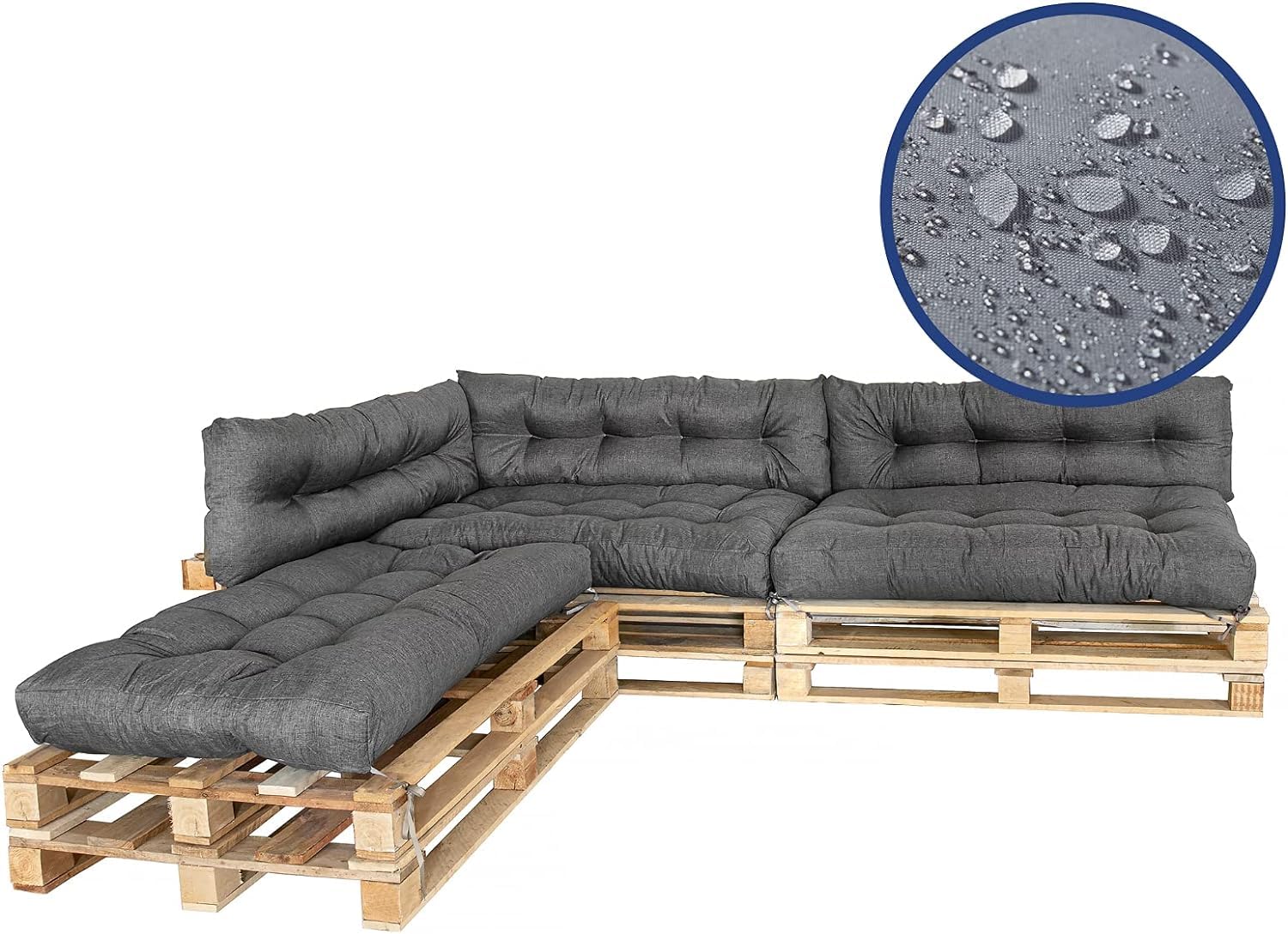 MKS Cojín para palés de exterior con correas tensoras a juego con la paleta, para balcón, sofá, resistente al agua, para exteriores, para bancos de exterior (juego de 6 unidades (3 x 120 x 80 cm + 3 x
