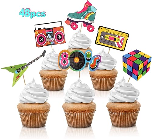 48 adornos retro para cupcakes de los años 80, 48 piezas, multicolor, 4 pulgadas de ancho, perfecto para cumpleaños, fiestas temáticas de los años