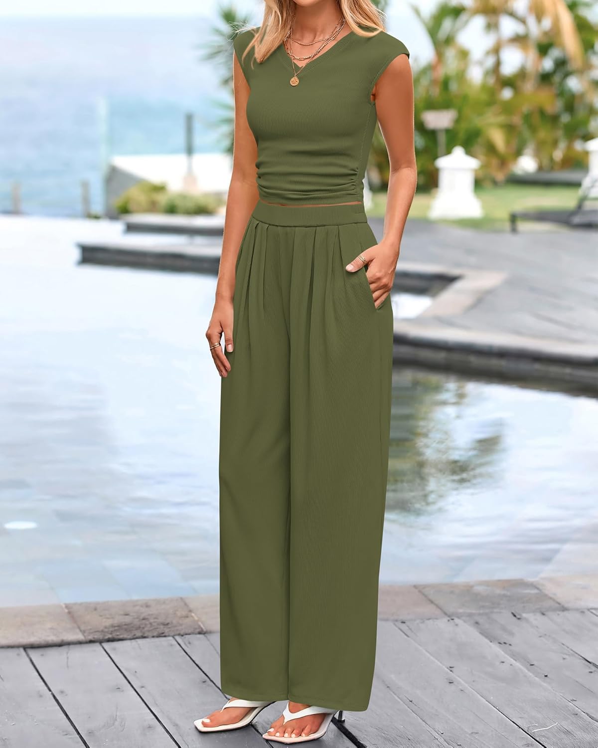 BTFBM Womens 2 Piece Outfits Spring 2026 V Neck Cap Sleeve Ruched Top Wide Leg Pants Sets Rib Knit Lounge Matching Set - Image 7