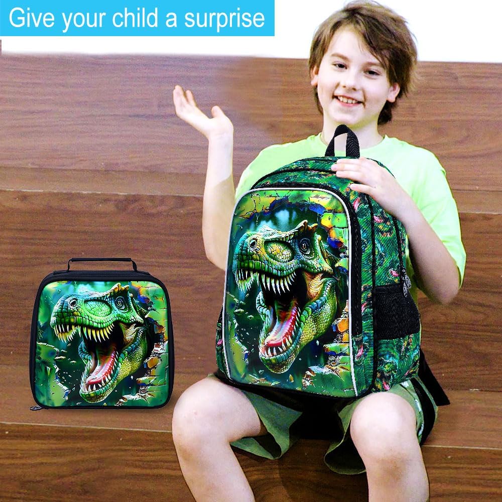 3Pcs Boys Backpack, 16" Dinosaur Bookbag for Elementary Preschool Kindergarten, Dino Kids School Backpacks with Lunch Box(Green) - Image 9