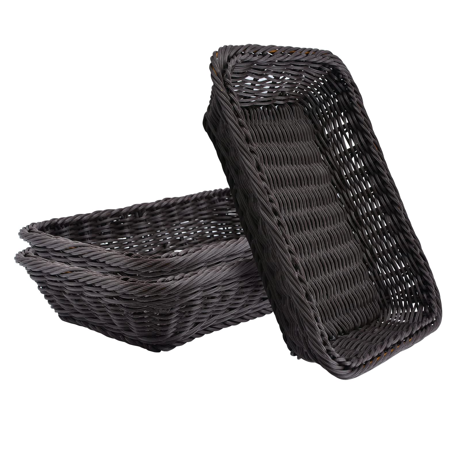 WANDIC 3 Pack Poly-Wicker Woven Baskets,Stackable Imitation Vine Bread Baskets Rectangle Wicker Tray for Food Display Vegetables Home Kitchen Restaurant Outdoor(Dark Coffee/3 Sizes)