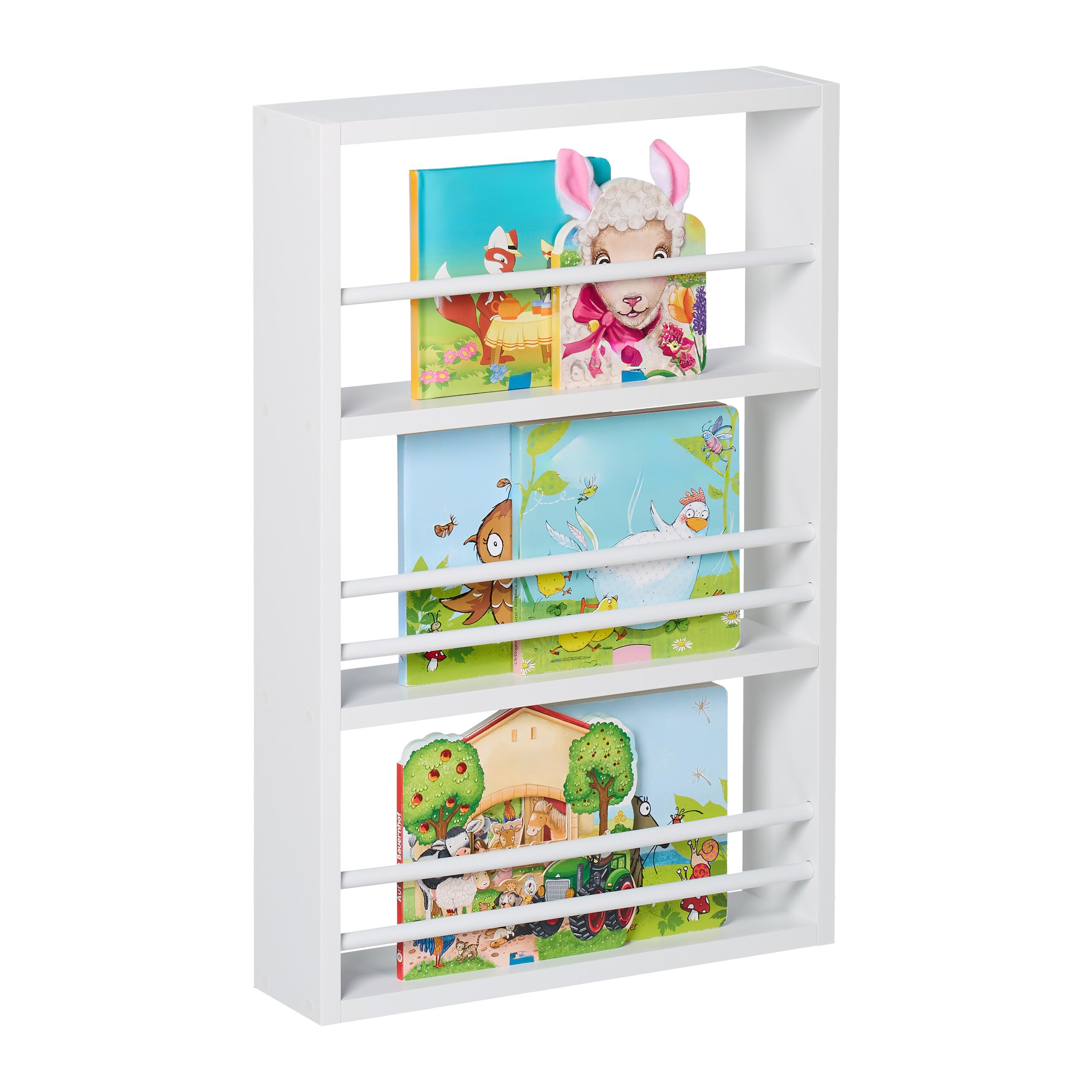 Relaxdays Librería Infantil Pared, 3 Repisas para Libros o Figuras, 60 x 40 x 10 cm, Estantería Niños Colgante, Blanco