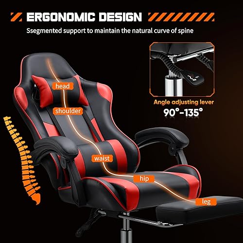 Miniatura 4 de Sweetcrispy Silla de escritorio para videojuegos, ergonómica para computadora con reposapiés y cómodo soporte lumbar, reclinable de piel sintética