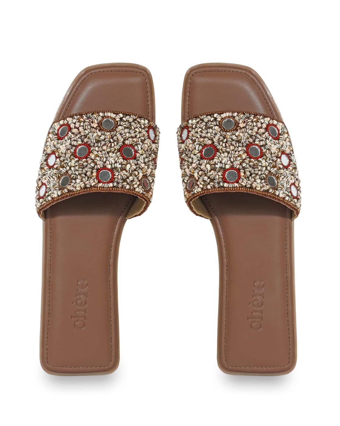 CHERE Brown Embellished Mirror Work Flats for Women’s | Comfortable Sandals for Casual, Party and Formal Occasions (B0BS98HNLN) Amazon Price History, Amazon Price Tracker