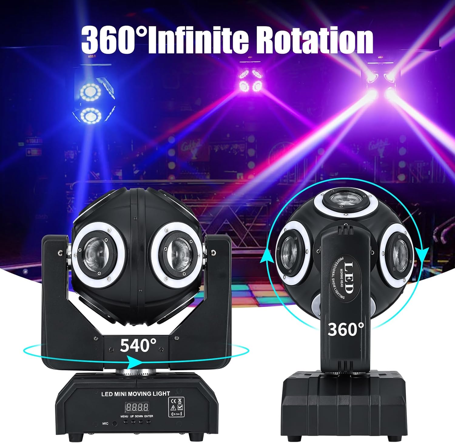 Moving Head Light 8 LED RGBW Beam DJ Light with DMX512 Sound Activated 360°Rotation Stage Lighting for DJ Party Bar Disco Show Club Wedding Stage