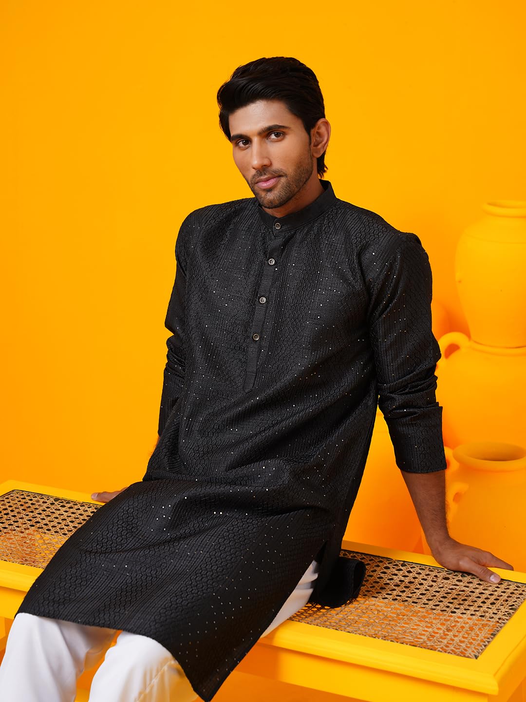 Sojanya (Since 1958 Men's Silk Bend Krochet Thread Embroidered Black Long Kurta