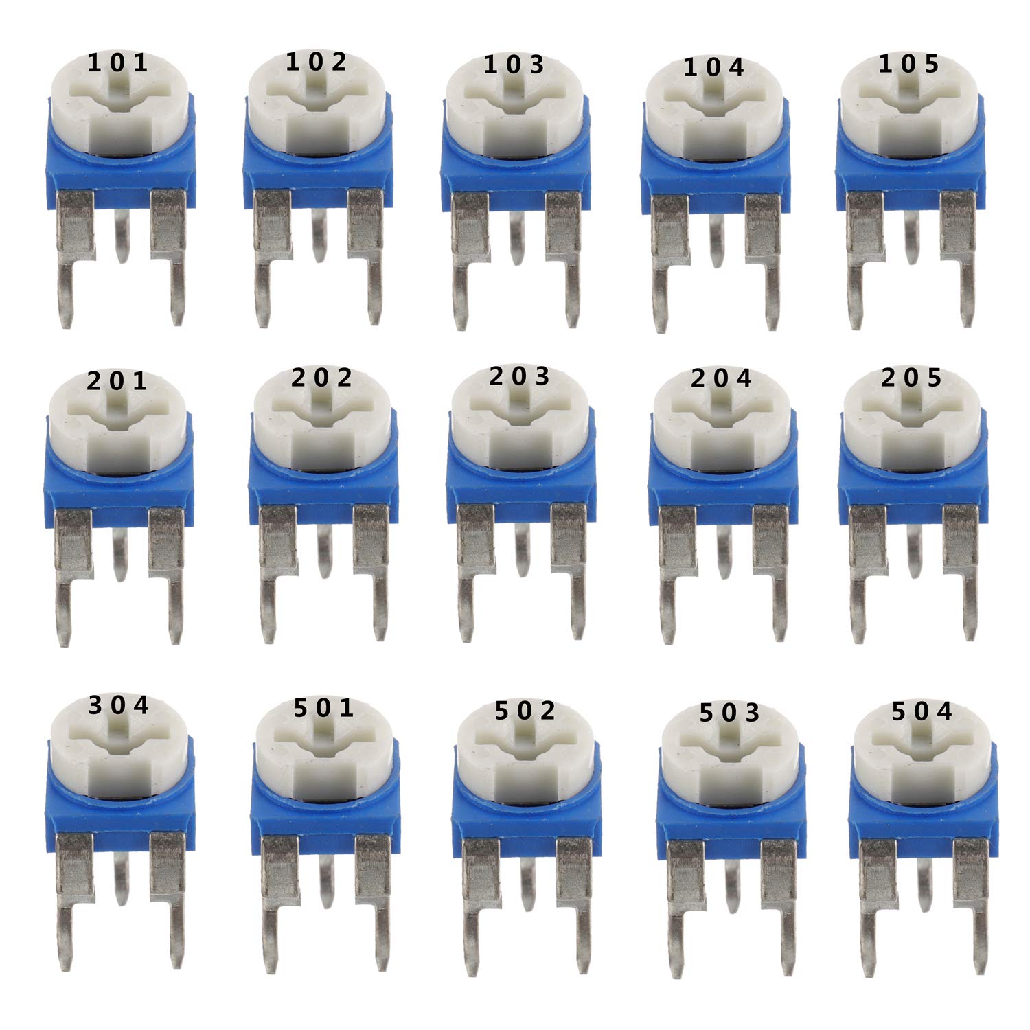 BOJACK 15 Values 300 pcs 100 Ohm- 2M Ohm Variable Resistor 6mm Potentiometer Assortment Kit packag in a Clear Plastic Box