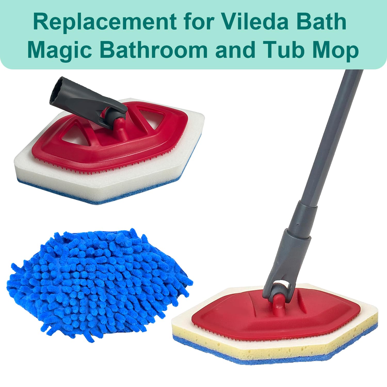 Lot de 4 têtes de balai de rechange et 4 têtes de rechange en éponge, compatibles avec la serpillère Vileda Bath Magic pour salle de bain et baignoire