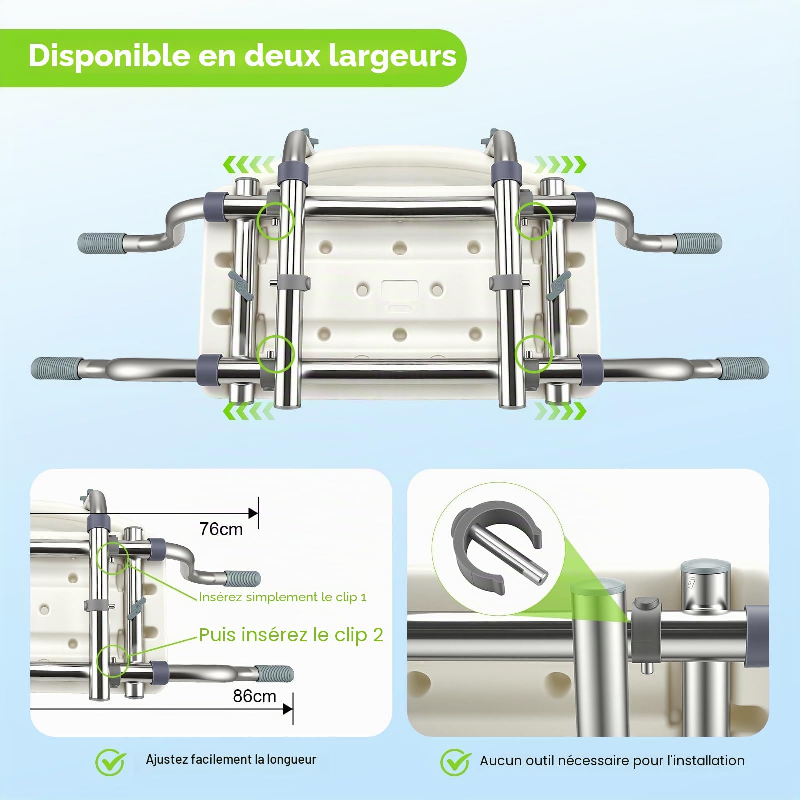 Siège Baignoire Adulte avec Dossier Amovible, Planche de Bain pour Baignoire réglable 76-86 cm, Pieds antidérapants, Charge Max 150 kg – Idéal pour Personnes âgées