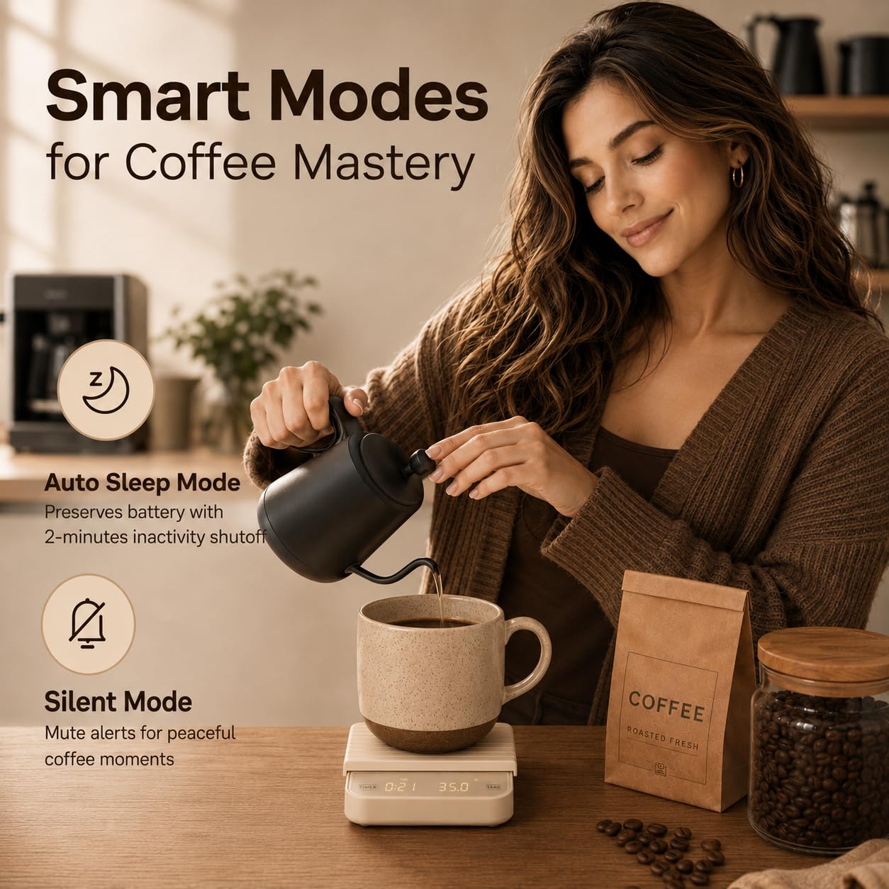 Aviora Kaffeewaage mit Timer - 0,1 g Präzisions-USB-C-wiederaufladbare digitale Espressowaage, LED-Anzeige, Tara-Funktion für Pour Over & Barista Brauen