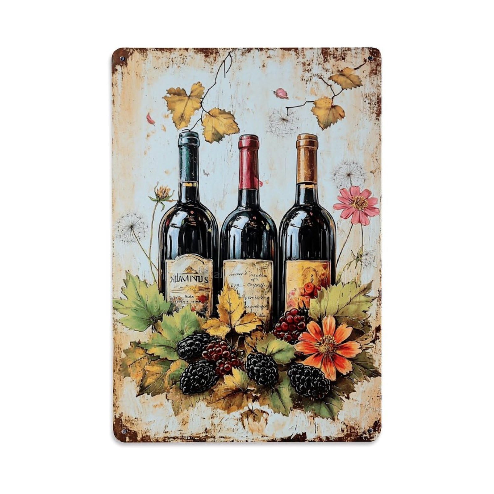 Jdfenggu Vintage Wine Bottles With Autumn Leaves Retro Metal Tin Sign, Metal Poster For Bar, Home, Man Cave, Kitchen, Laundry Room Art Decor 8X12 Inch