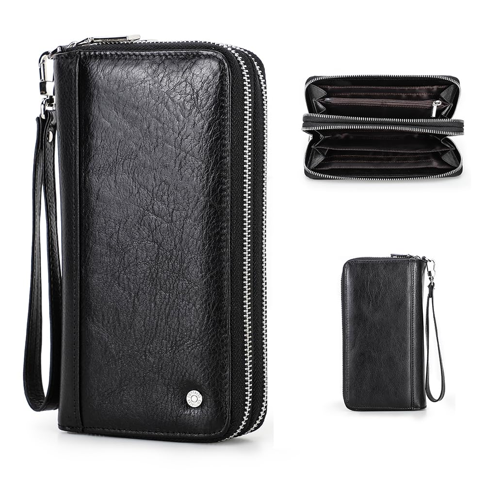 Men's Genuine Leather Clutch Business Travel Double Zip Around Purse 4 Interlayer Vintage Long Wallet with Wrist Wrap Black-image-30