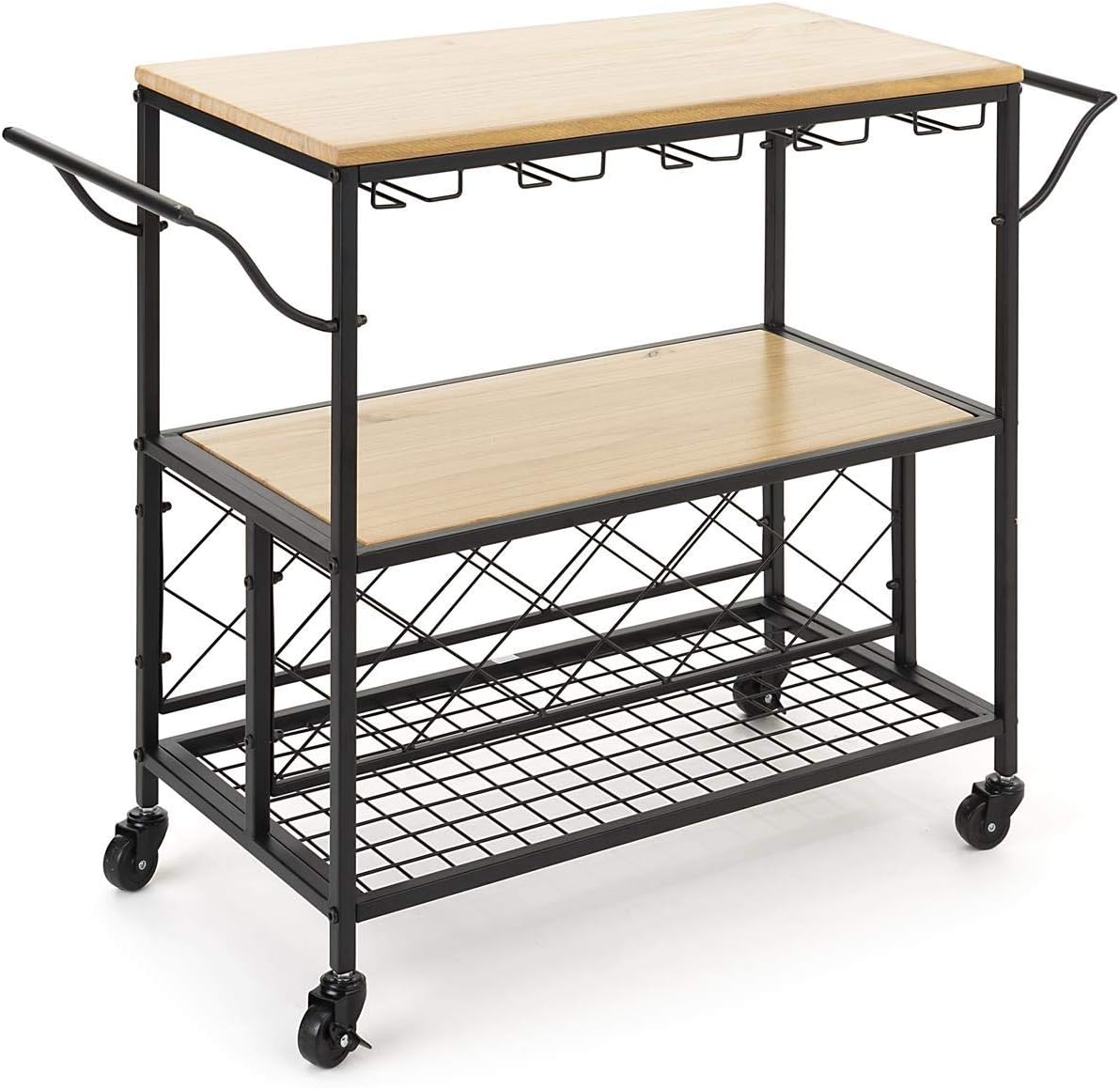 Displays2go Bar Cart w/Wine Rack, 13 Bottle Holders, 5 Stemware Rows - Natural Wood Finish (FSBEVCART4B)