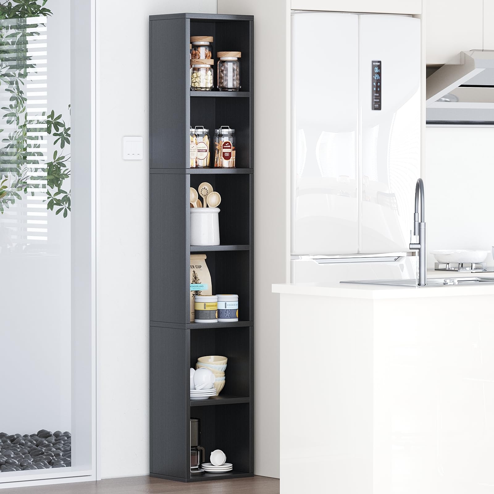 NEWSENDY 6 Tier Open Tall Narrow Floor Standing Bookcase,CD DVD Slim Storage Cabinet,Cube Storage Shelf for Small Space Living Room Bedroom (Black)