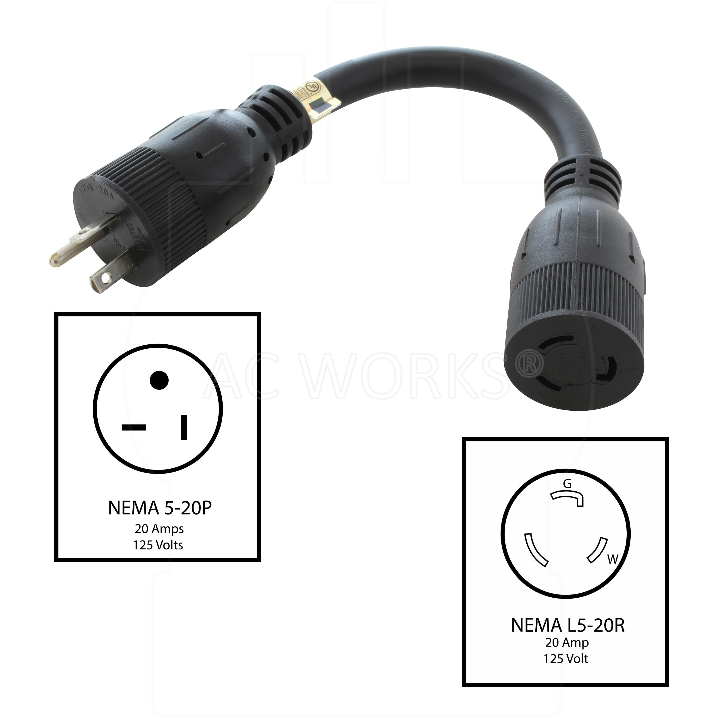 AC WORKS NEMA 5-20P 20Amp 125Volt Plug to Locking 20Amp L5-20R