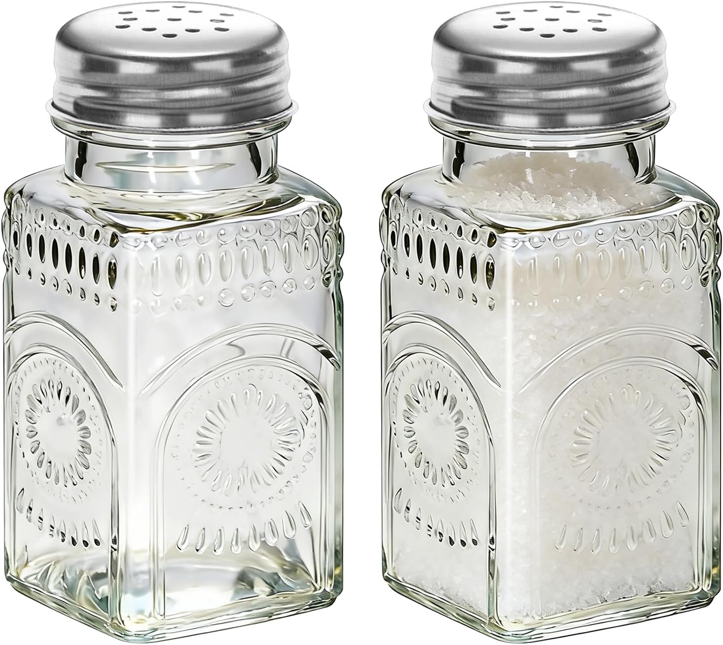 2 Pack Sunburst Floral Glass Salt and Pepper Shakers Set, Vintage Spice Shakers for Dining Room Table, Kitchen, Restaurant (Rose gold lid)