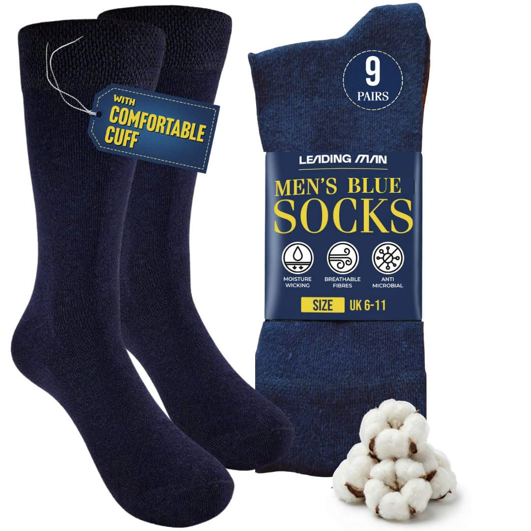 Leading Man Men's Blue Socks, Plain Cotton Socks For Seamless Smart Suitable For Work, Business, School, Formal And Casual Wear- Breathable Dress Socks, Navy Socks 6-11 (9 Pairs)