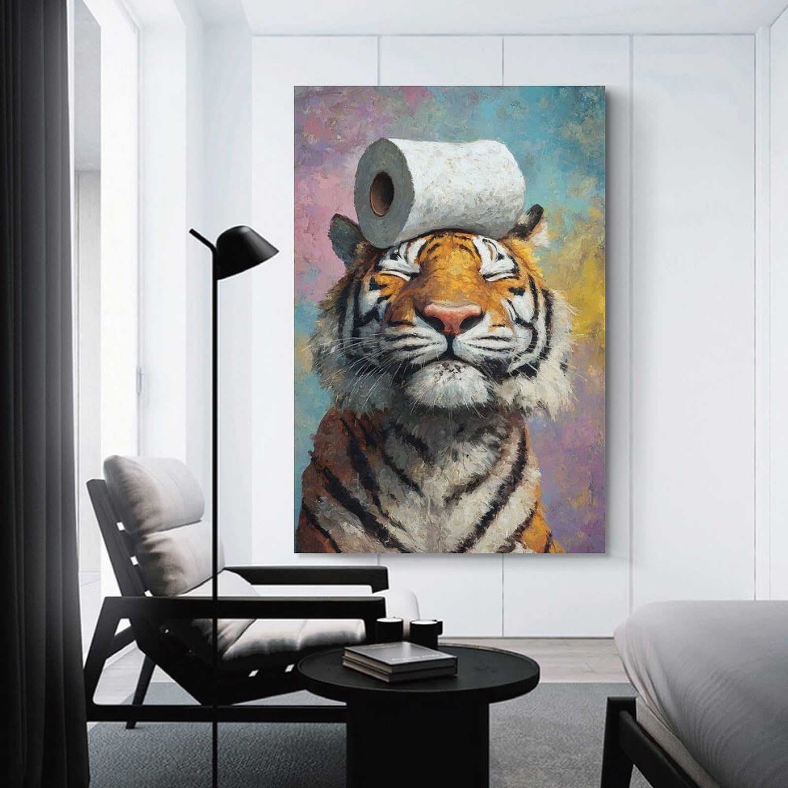 Junmoney Tiger with Toilet Paper on Head Decorative Wall Artwork, 12x18inch(30x45cm), for New Homes, Bedrooms Or Workspaces, Gift Idea for Housewarming And Birthdays