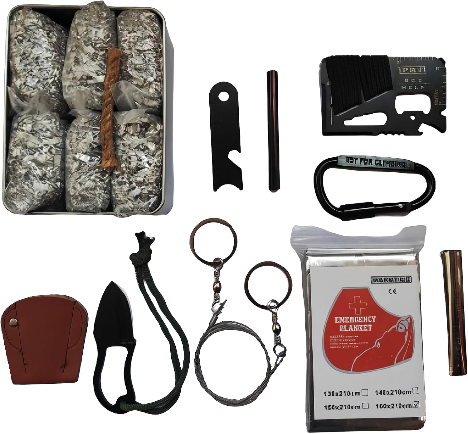 Emergency Fire Stater 6 Bags Magnesium Ferro Striker Saw Wire Multi Purpose Tool Blanket Wax Rope Camping Hiking Bushcraft + 1 Free Tin Can (Mg + FerroStriker + Knife + Saw + Blanket)