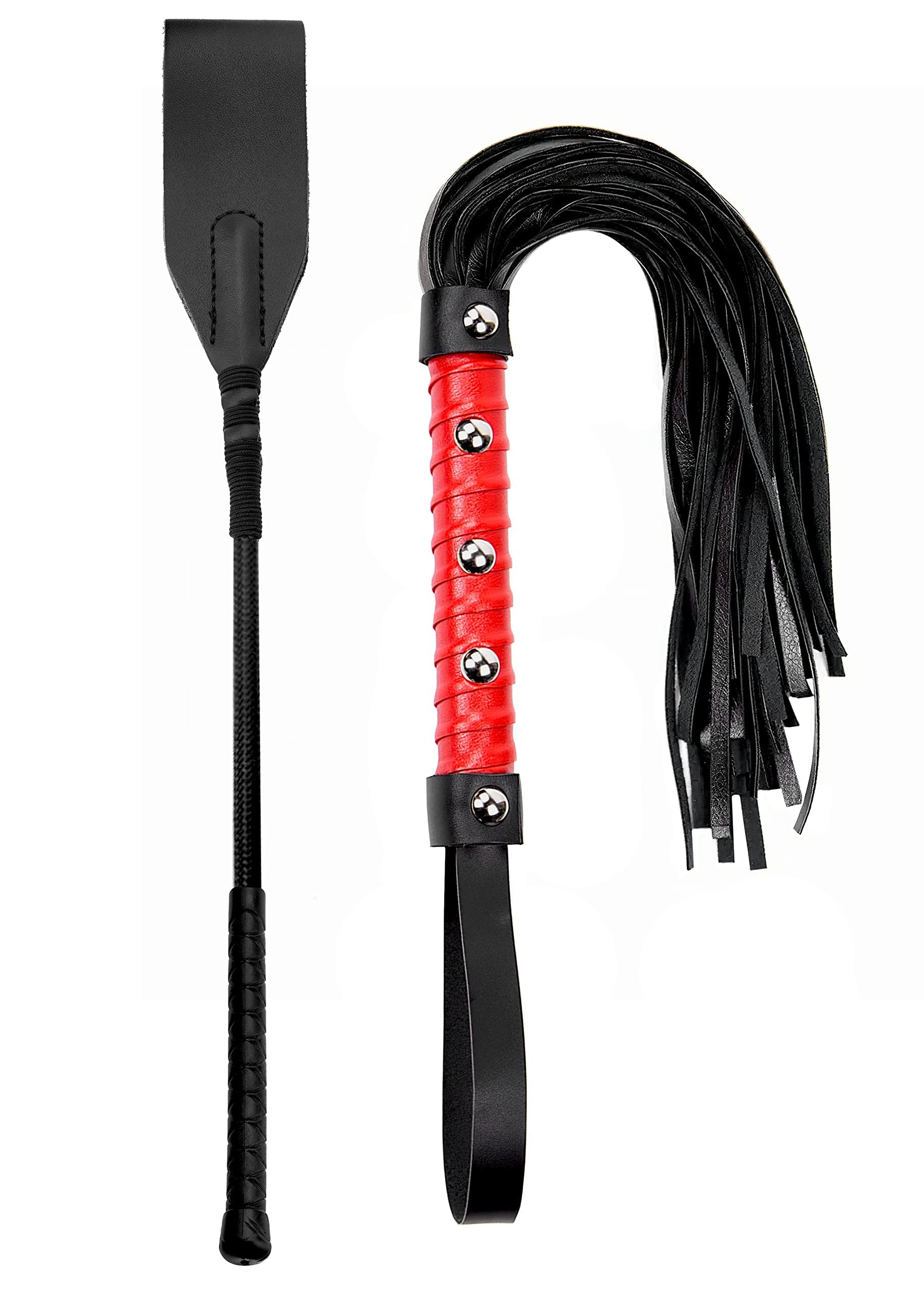 Red and Black 18in Leather Riding Crop Whip for Equestrian Use, Play, and Cosplay, Realistic Faux Leather Whip with Ergonomic Handle for Training and Skill Practice