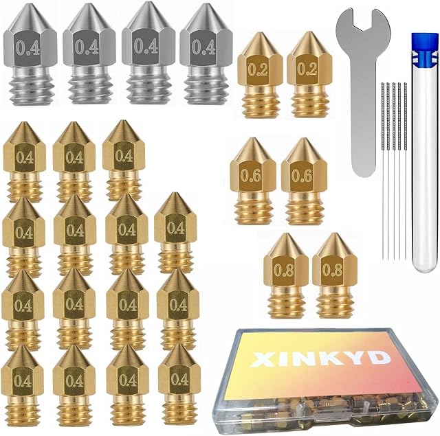 25pcs 3D Printer Nozzle, Brass+Stainless Steel MK8 Nozzles for Extruder Print Head Compatible with Makerbot Creality CR-10 All Metal Hotend, Ender 3 / Ender 3 V2 / Ender 3 pro, Ender 5/5 pro/Prusa