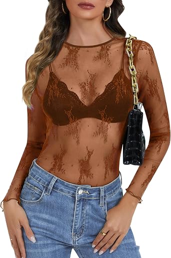 Lace Long Sleeve Tops for Women Mesh Sheer Sexy Undershirt Crew Neck Floral See Through Shirts