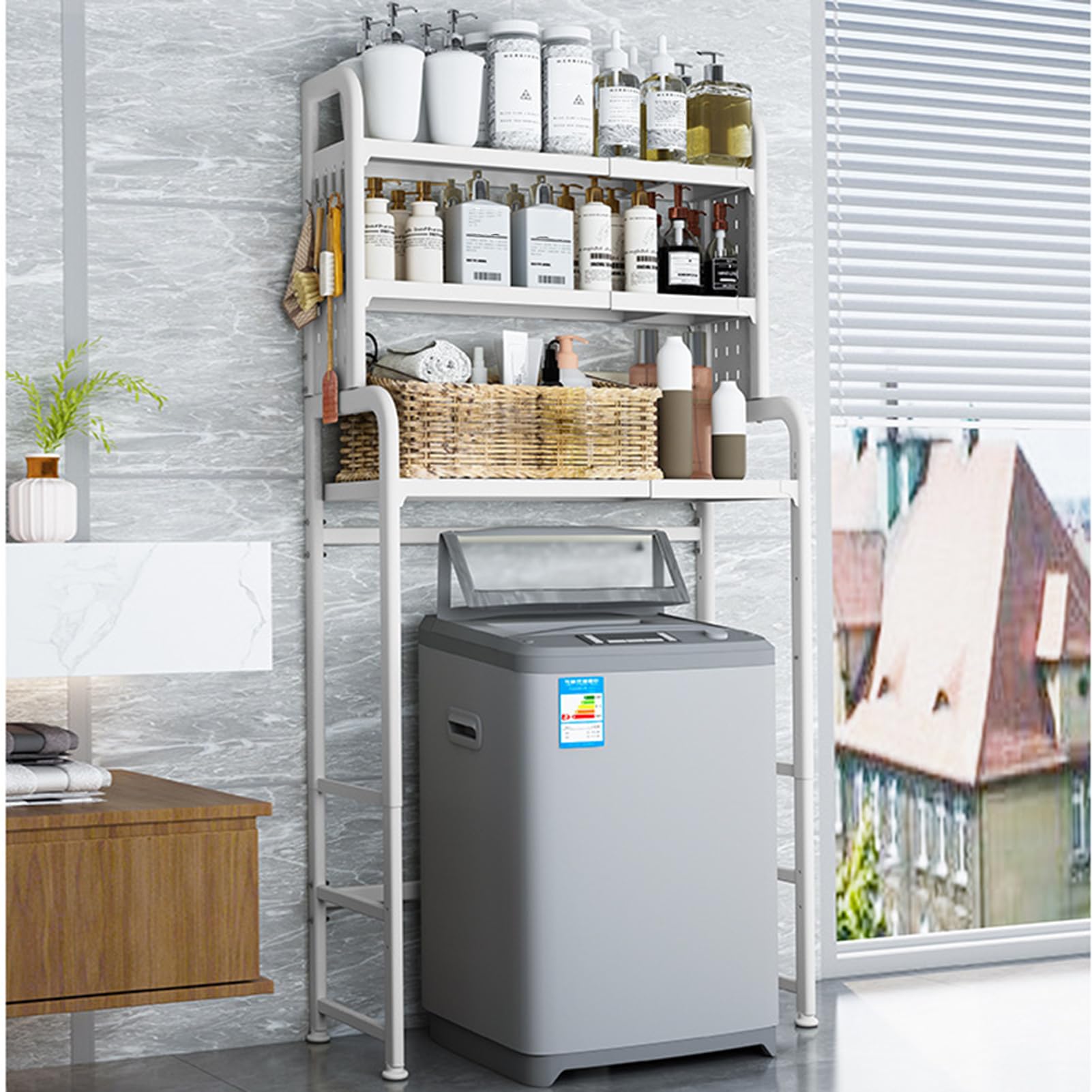 Over Washer Storage, 3 Tier Expandable Washer and Dryer rack, Laundry Room Storage Over Toilet Washing Machine and Dryer Storage Rack Bathroom Organization with Pigboard and Hook( Color : White )