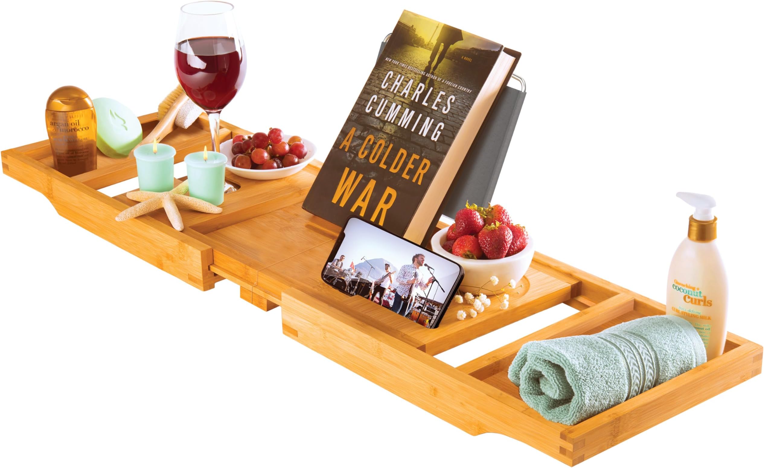 Bambüsi By Belmint 100% Bamboo Bathtub Caddy with Extendable Sides, Cellphone Tray & Integrated Wineglass Holder