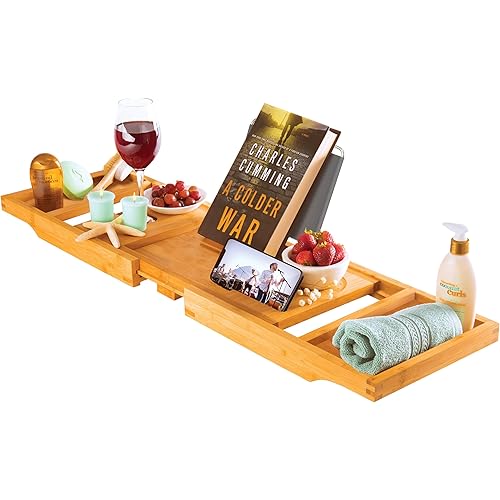 Bathtub Tray - Expandable Bamboo Bath Tray for Tub with Wine Glass Holder, Book & Tablet Stand - Wooden Bathtub Caddy Tray Table for Bathroom Accessories, Spa Relaxation, Housewarming & Wedding Gift