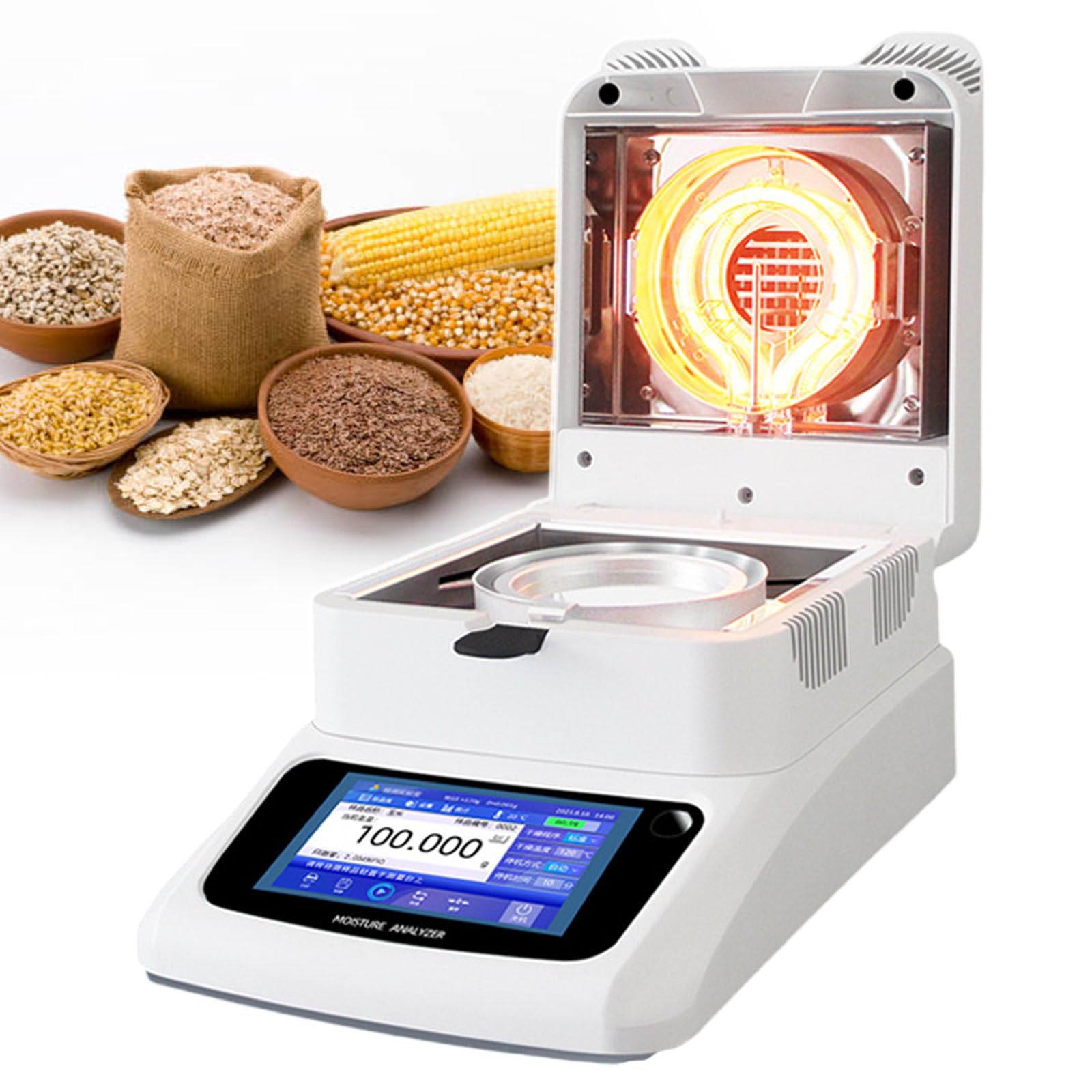 Halogen-Feuchtemessgerät, Feuchtemessgenauigkeit 0,01%, 120g Fassungsvermögen, Touchscreen, Labor-Feuchtemessgerät Für Landwirtschaftliche Tests, Mit RS232-Schnittstelle B-1202