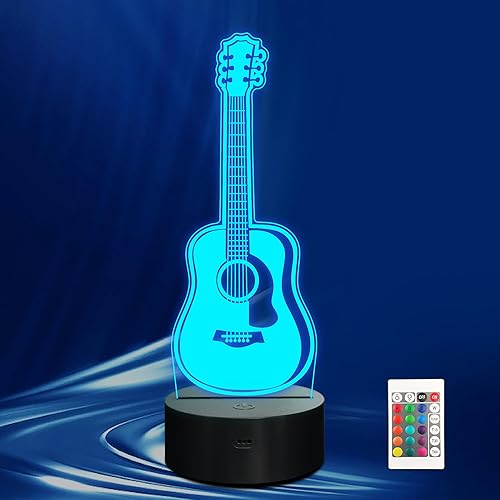 Luz nocturna de guitarra acústica, lámpara LED de ilusión óptica 3D con control remoto y temporizador, regalos para guitarristas, guitarristas,