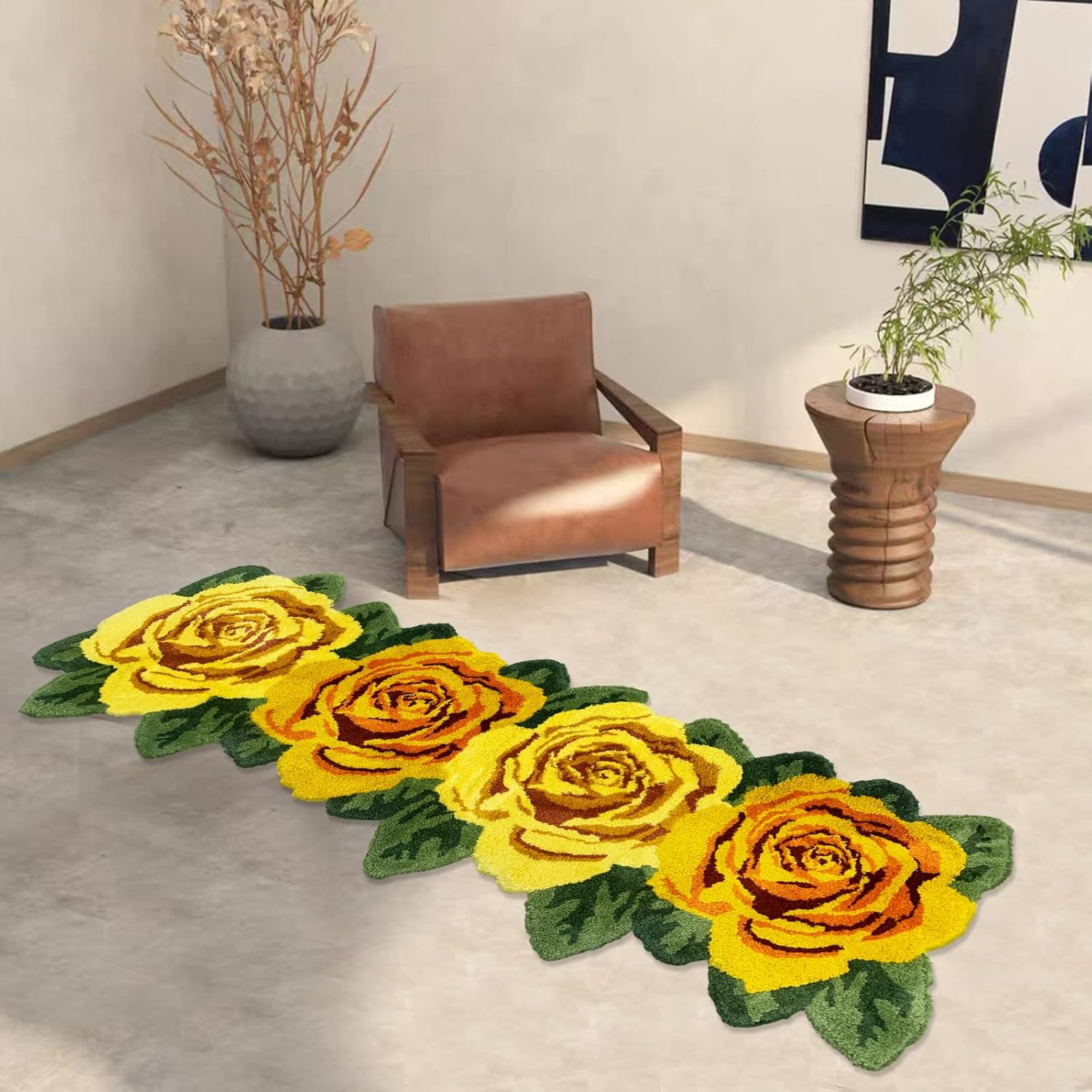 USTIDE Fluffy Rose Floor Runner,Soft and Shaggy Rose Runner Rug Handmade Rug Modern Carpets Washable Floor Mats for Living Room, Laundry Room, Hallway, and Bathroom High Pile, Yellow