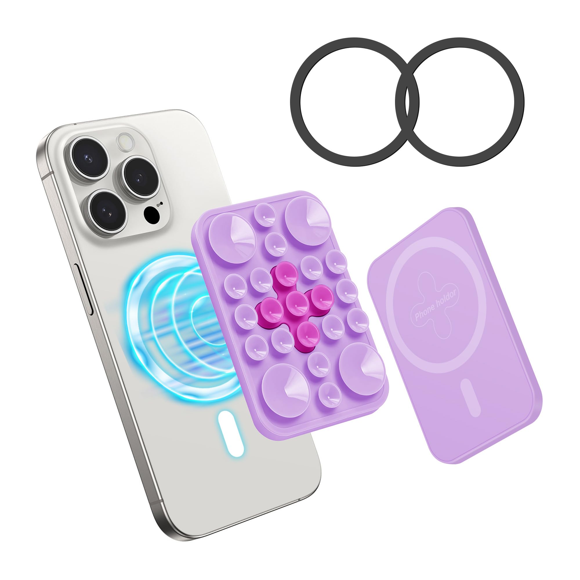 Lawonda Magnetic Suction Cup Phone Mount for MagSafe Case, Sticky Grip Anti-Slip Hands-Free Shower Phone Holder for iPhone 16/15/14/13/12, Removable Hands-Free Selfie/Video for Women Girl Teen, Purple