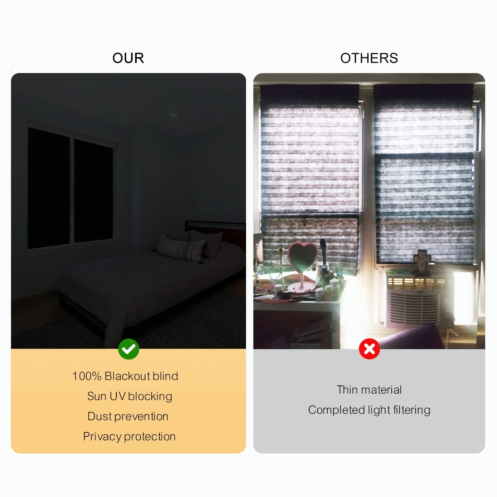 Stores de fenêtre temporaires sans fil, stores occultants complets pour portes de fenêtres, stores plissés en tissu non tissé avec feuille d'argent pour chambre à coucher, cuisine, salle de bain, sto