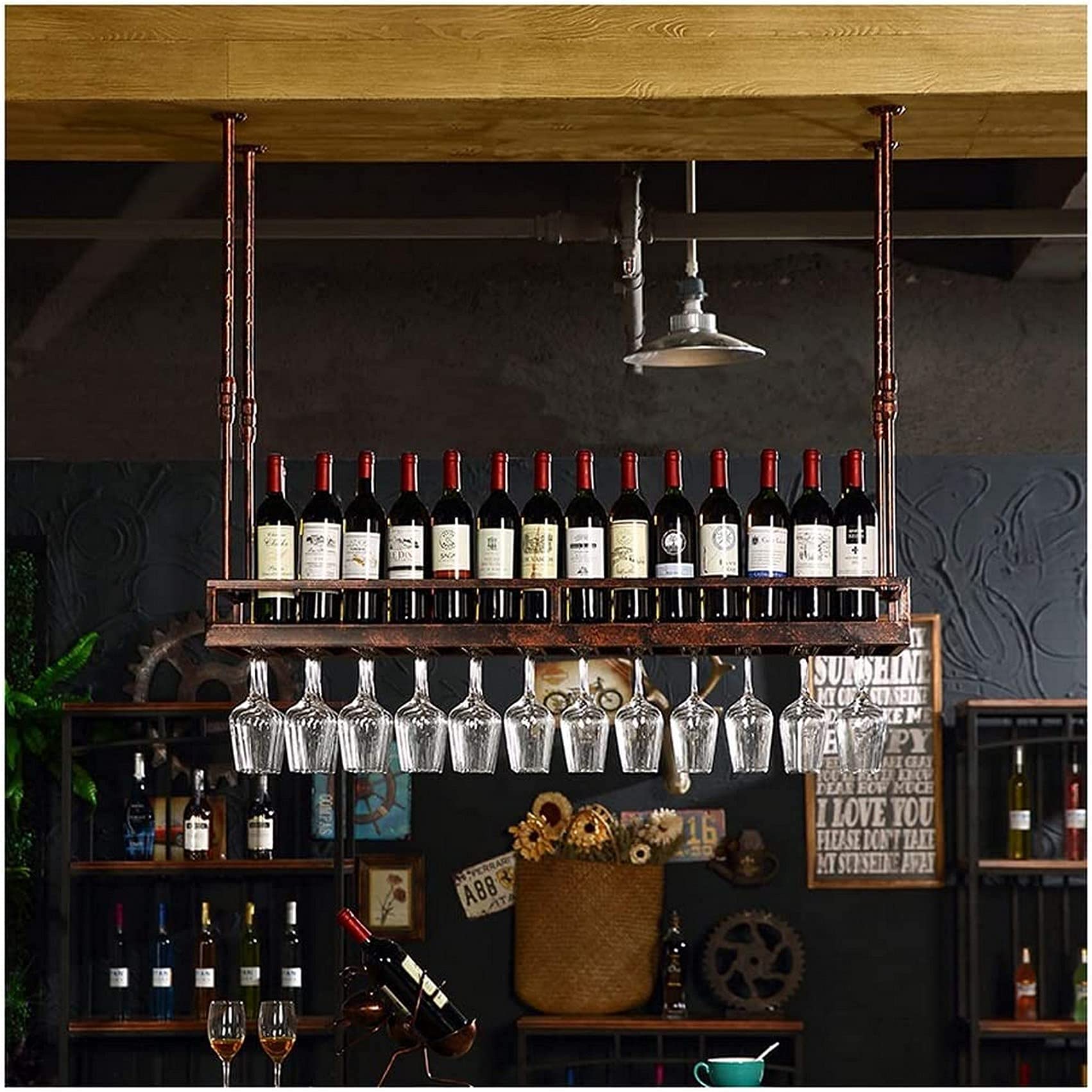 Casier à vin plafond et porte-gobelet suspendu doré pour cuisine