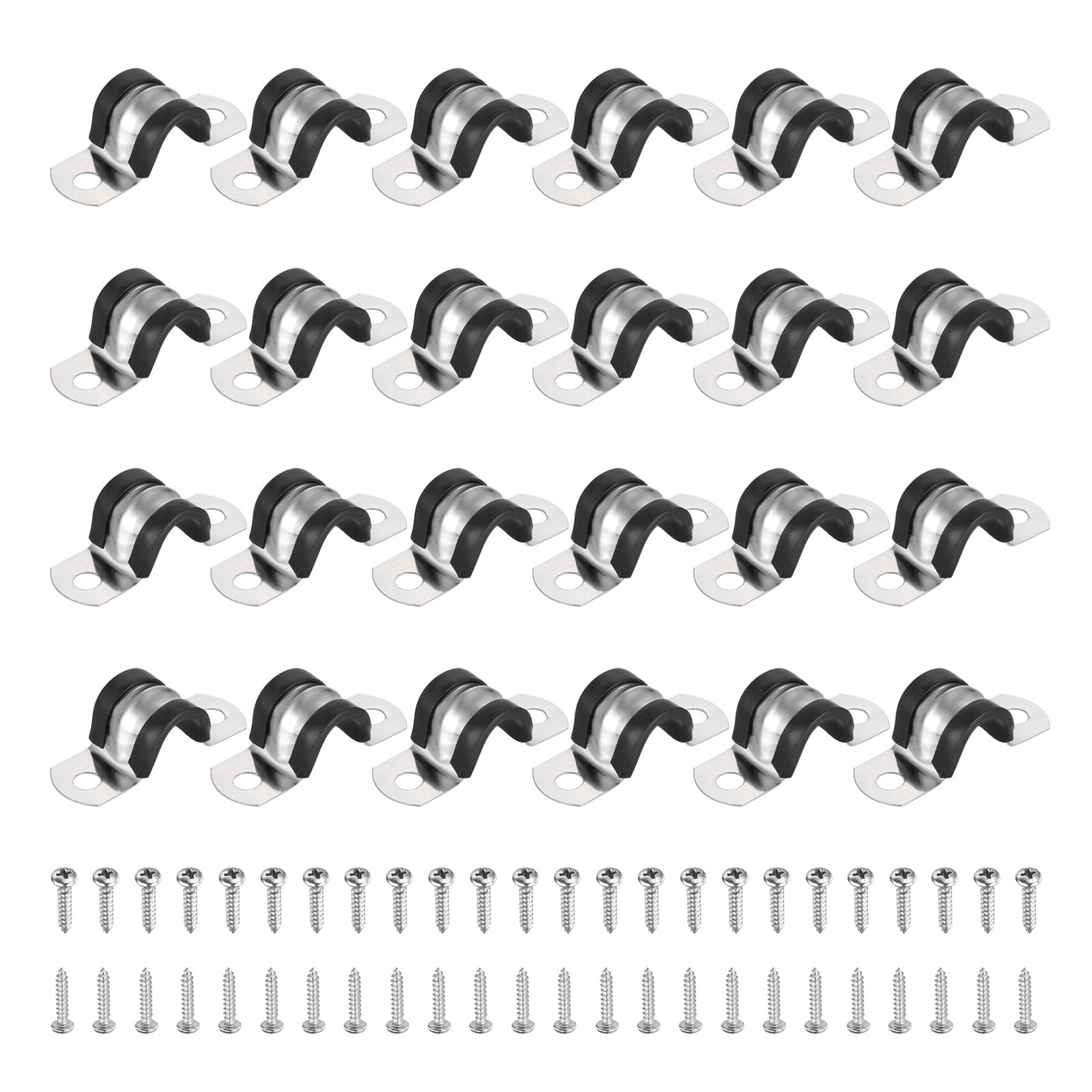 sourcing map 24Pcs 14mm Pipe Clips, 304 Stainless Steel Rubber Coated Cushion Pipe Strap Clamp U-Shaped Bracket with M3x114mm Screws for Tube Hose Cable Installation, Black