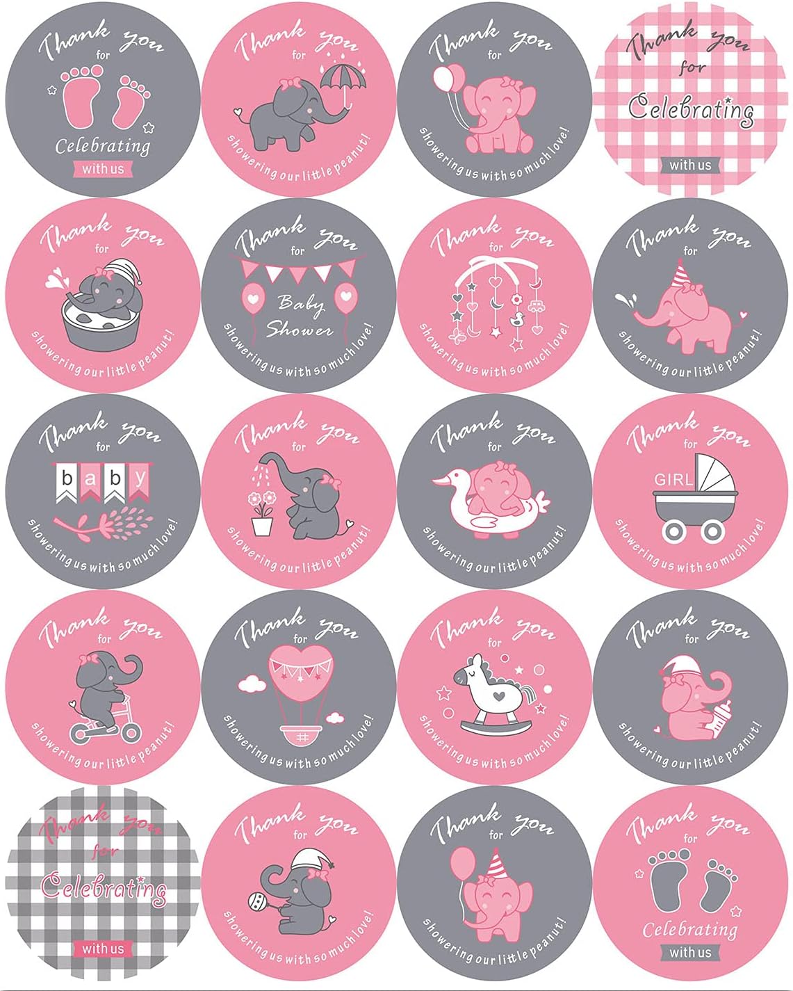 2 inch Elephant Theme Baby Shower Thank You Stickers, Baby Shower Favor Labels -100 Count (Pink)