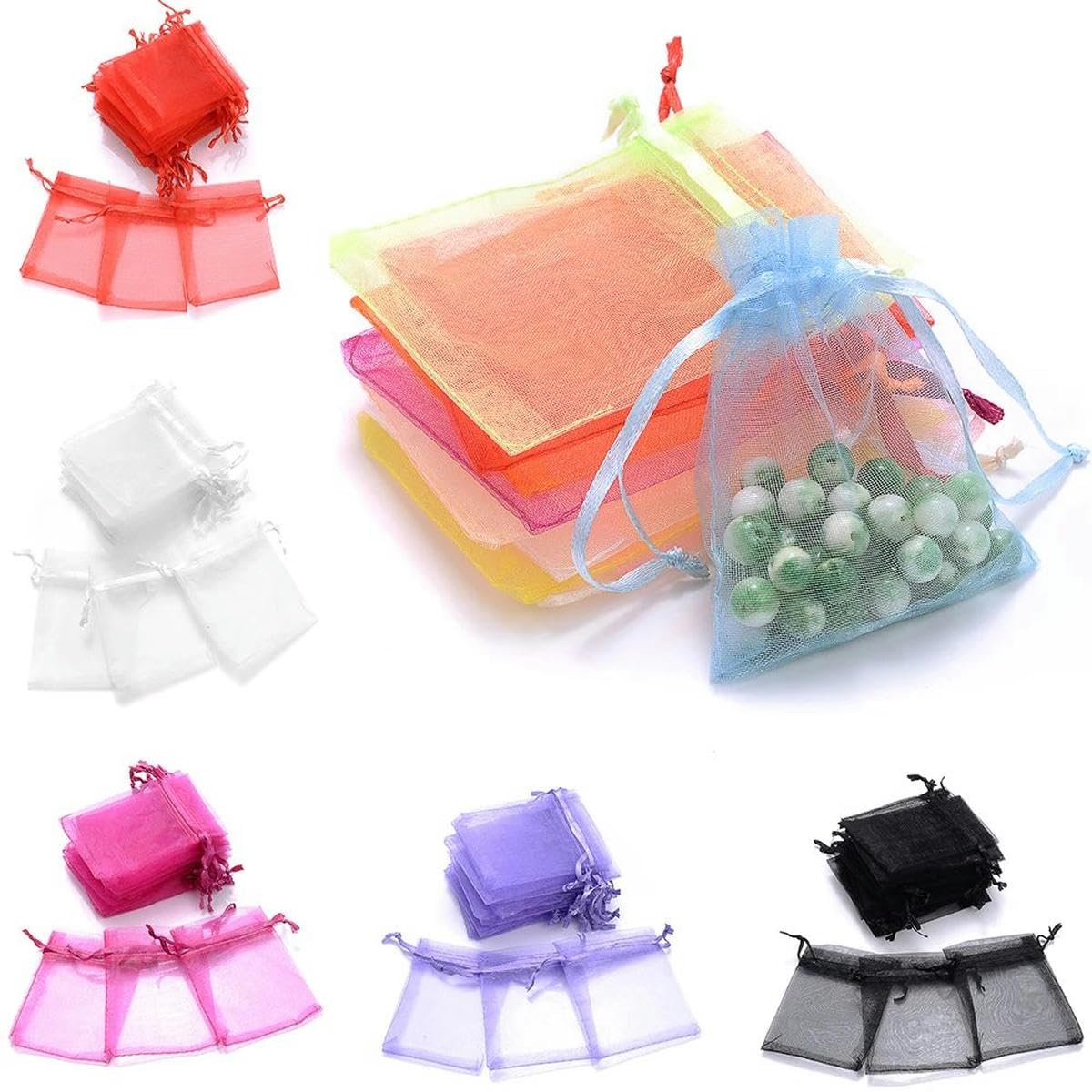 Woreczki z organzy, małe woreczki ze ściągaczem, 100 szt. Torba do pakowania biżuterii 5x7 7x9 9x12 10x15 cm Organza Torby Przechowywanie Makijaż Ślubne Woreczki ze Ściągaczem