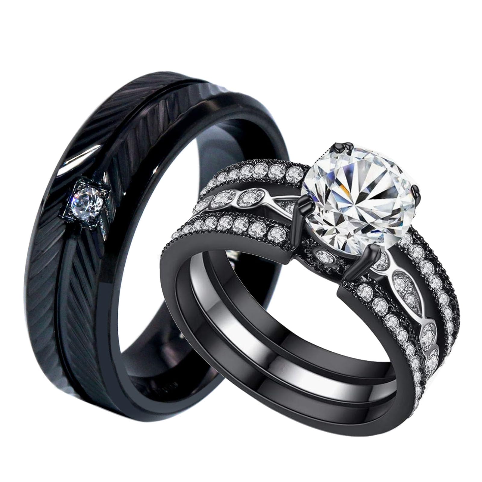 Coppia di anelli neri coordinati da 1,5 ct AAA CZ 2 pezzi set di fedi nuziali da donna per lui e lei anelli da uomo fascia