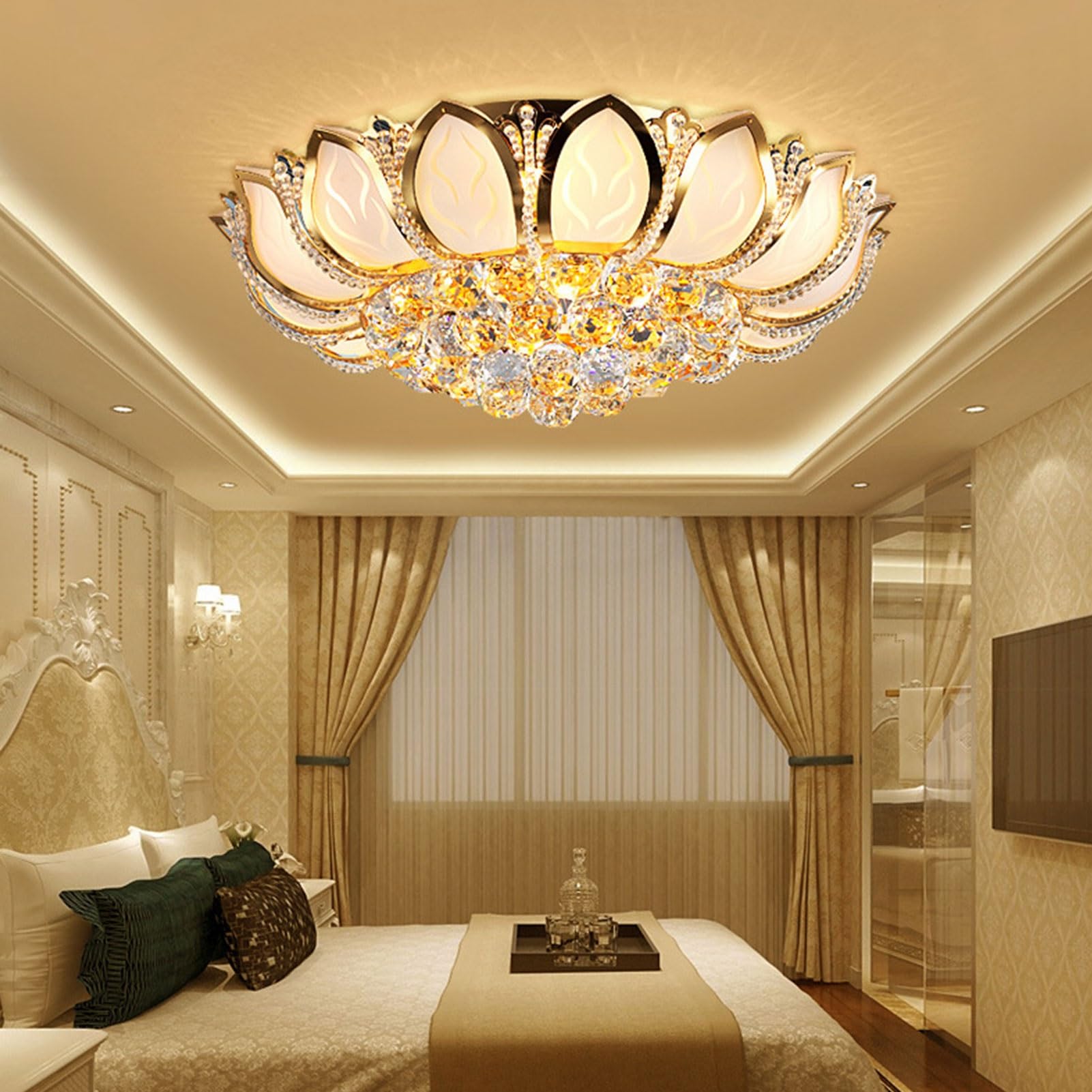Lampa sufitowa Lotus Crystal – żyrandol wpuszczany w sufit, z pilotem, ze złotymi płatkami LED, do sypialni i jadalni