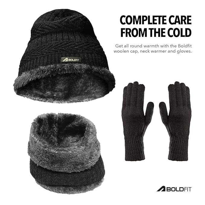 Boldfit Winter Cap with Neck Warmer Gloves Set Men Women Woolen Beanie Thermal Winter Wear Cold Weather Protection Accessories