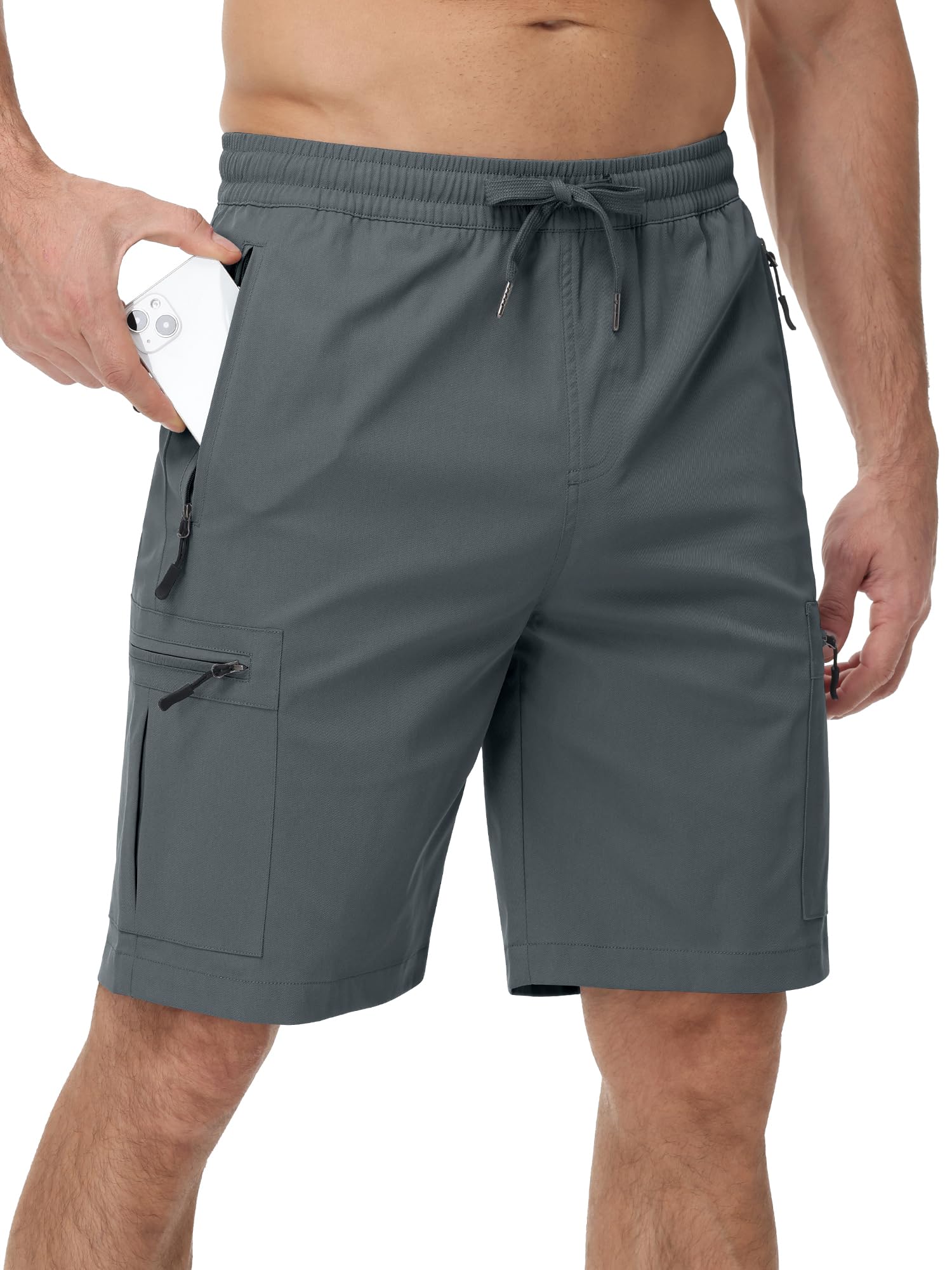 Satankud Men's Cargo Hiking Shorts 9" Lightweight Golf Shorts for Casual Work Travel Outdoor 5 Zipper Pockets, Dark Grey, 36