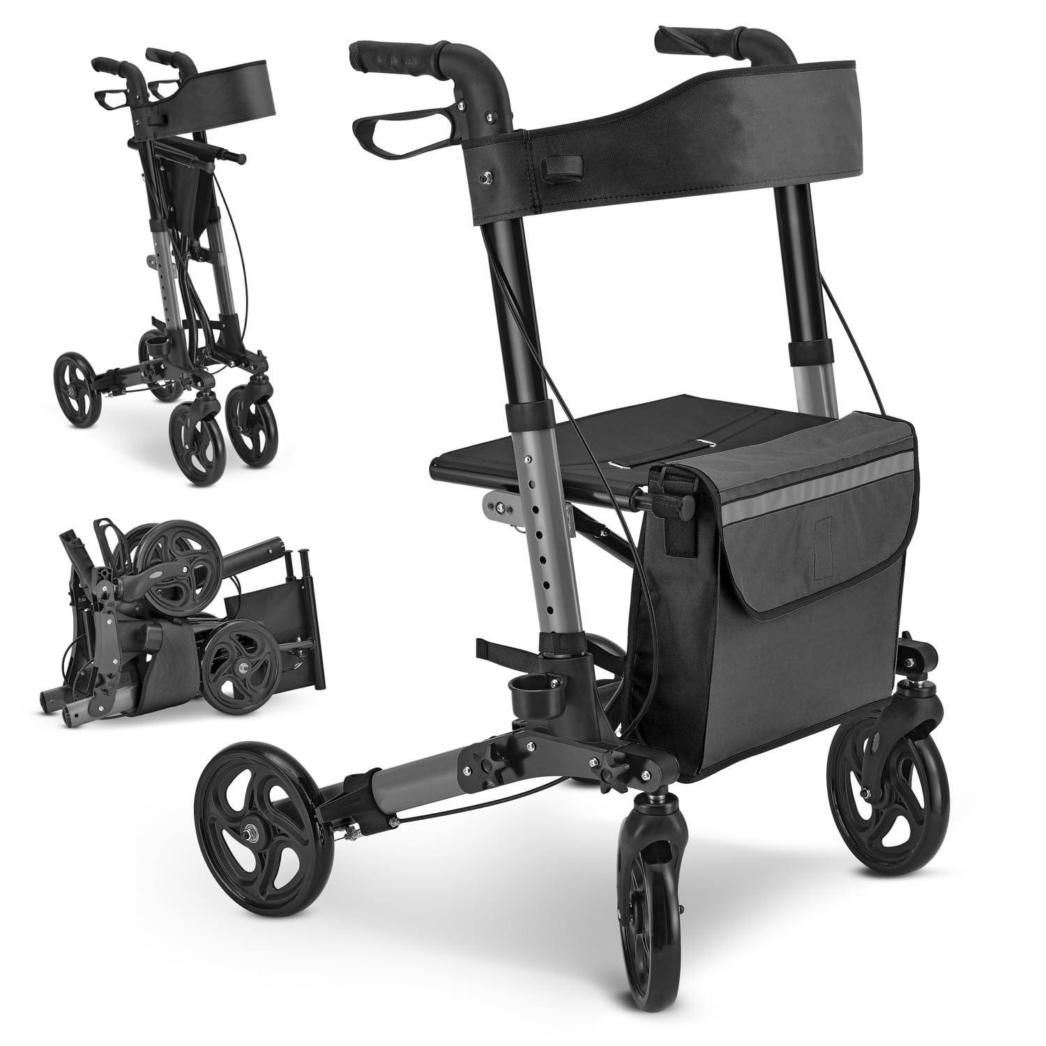 Juskys Rollator Vital nero – Aiuto per la deambulazione pieghevole e leggero in alluminio fino a 130 kg – Supporto per la deambulazione regolabile in altezza con sedile, borsa e supporto per ombrello