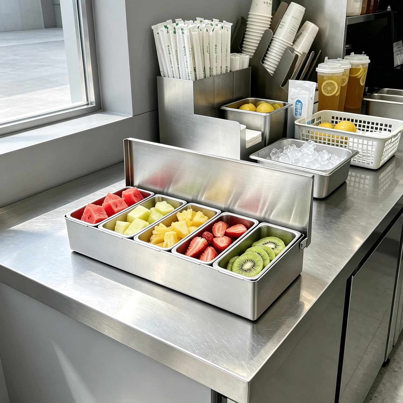 Caja de frutas de acero inoxidable con 5 compartimentos y tapa