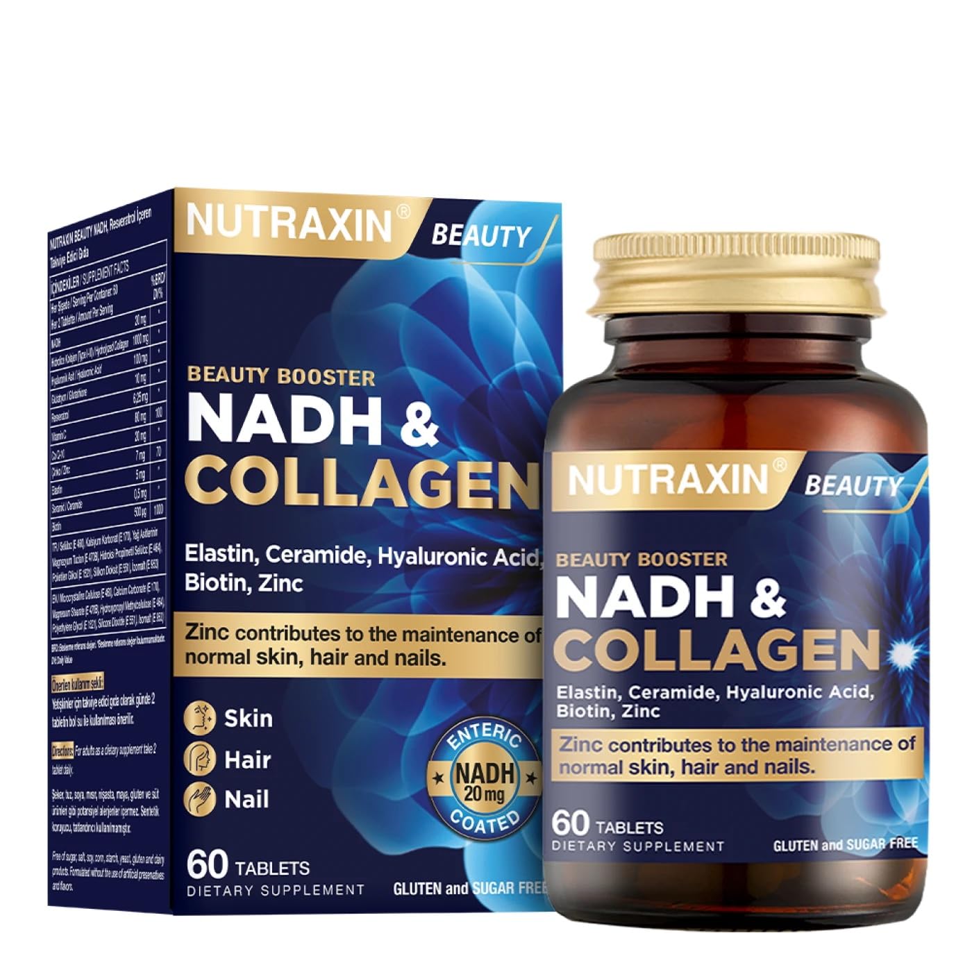 Nutraxin NADH & Collagen | Tip I-III Kolajen + NADH + Hyaluronik Asit | Cilt, Saç, Tırnak ve Enerji Desteği | 60 Tablet