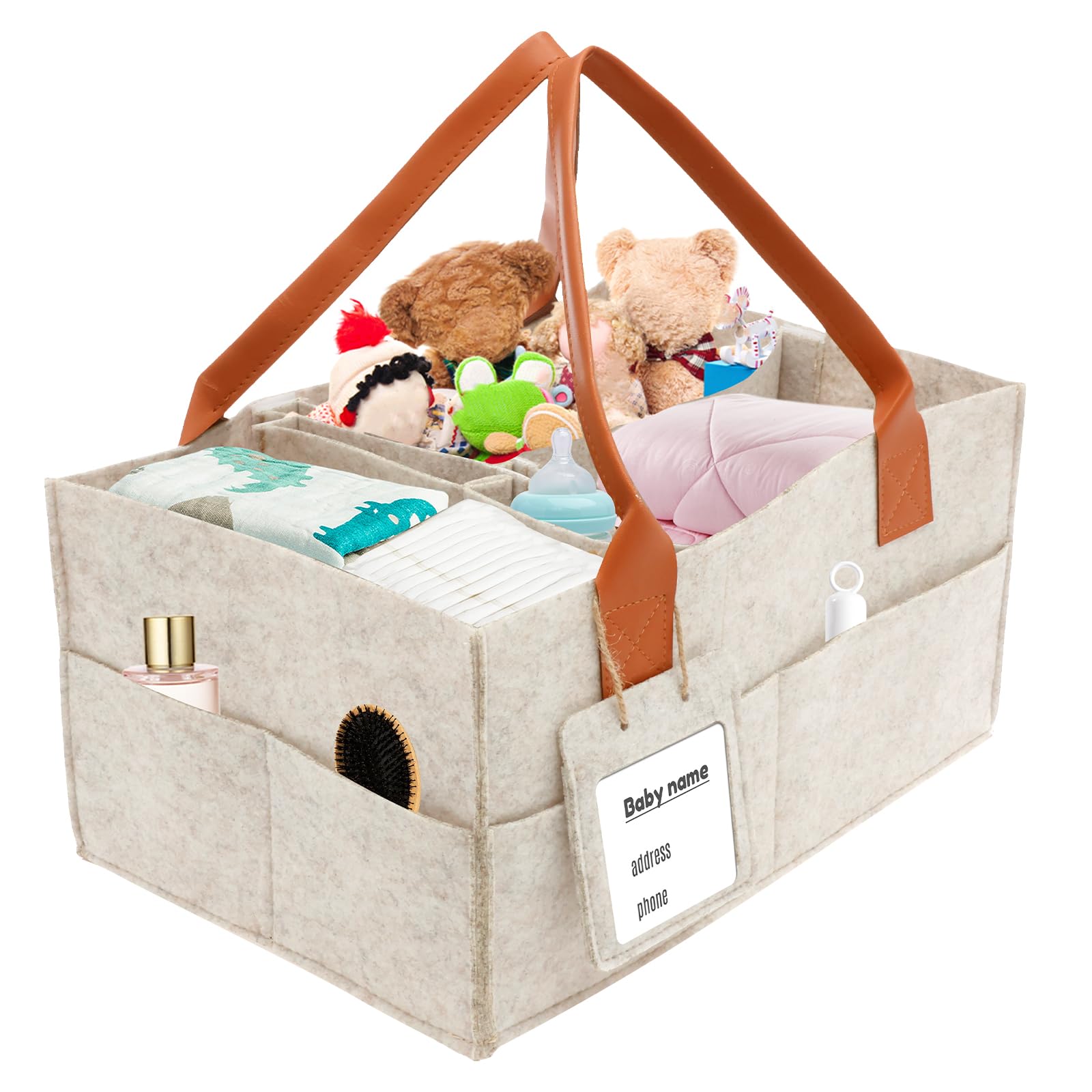 Diaper Caddy Organizer, Nursery Storage Basket with Multiple Compartment and PU Leather Handle, Felt Portable Baby Diaper Storage Bag for Newborn Wipe Box Toy Clothes Bottle