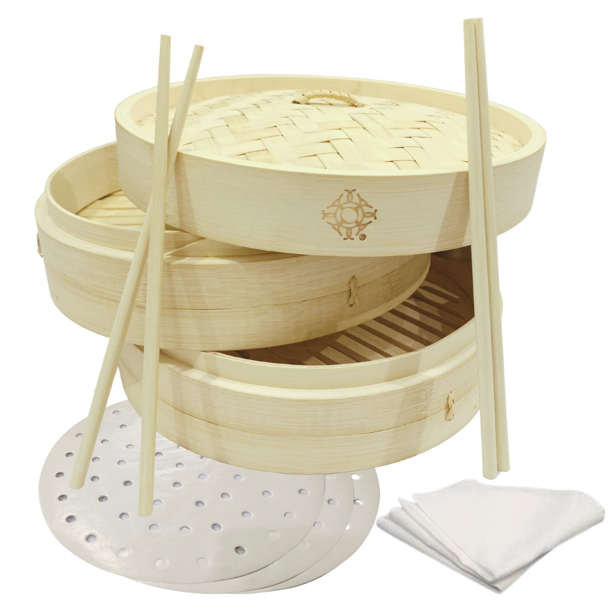 Omnintuit Bamboo Steamer Basket 10 Inch - 2 Tier Handmade Dumpling Steamer for Cooking Dim Sum, Rice, Meat, Veggies - 2 Cotton Cloths, 30 Paper Liner, 2 Pair Chopsticks, Recipe E-Booklet