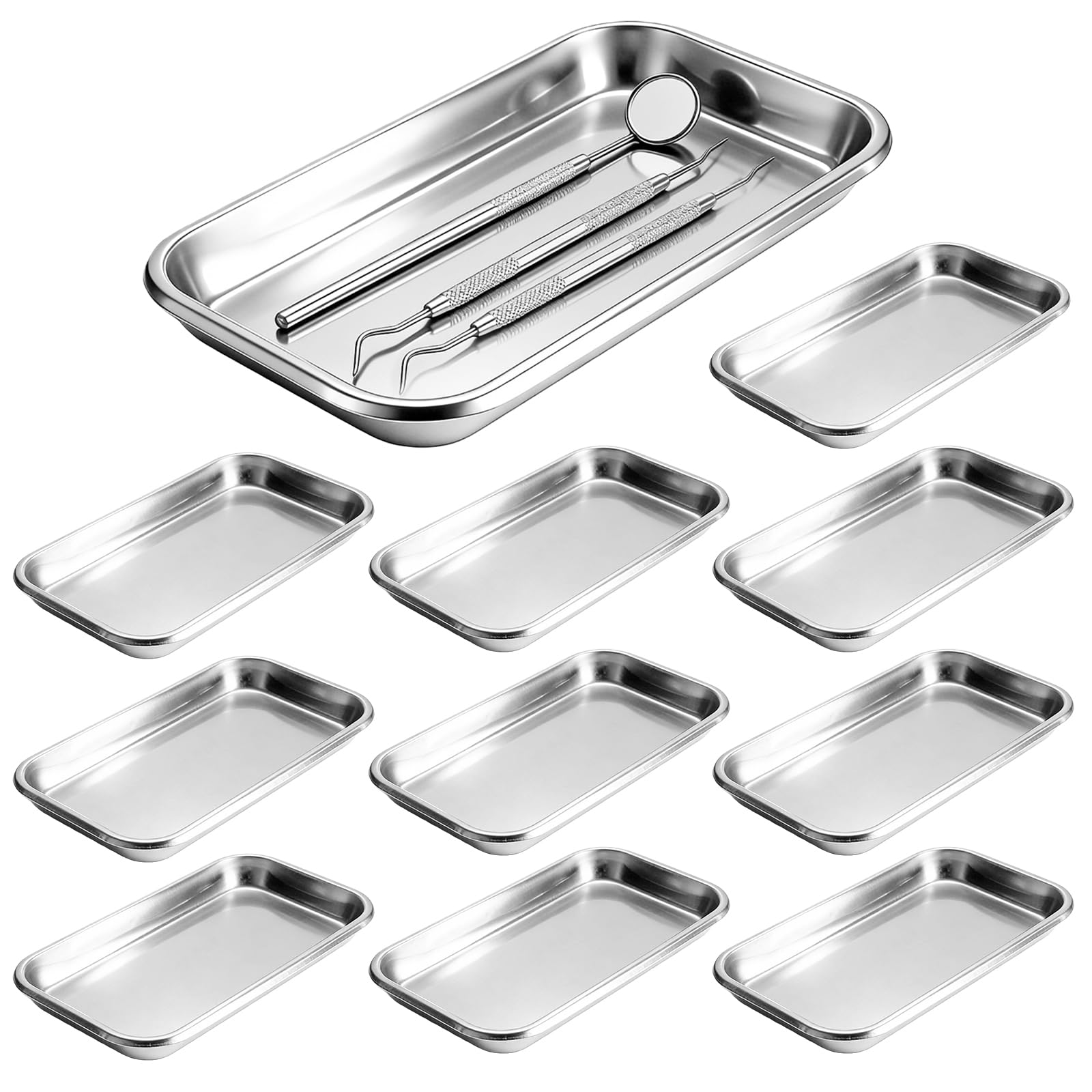 10 Stück Instrumententablett Edelstahl, 22.5 x 11.7 x 2 cm Edelstahl Schale Rechteckig, Labortablett Tablett Klein, Laborschalen, Metalltablett Rechteckige, Einsatz in Laboratorien, Krankenhäuser