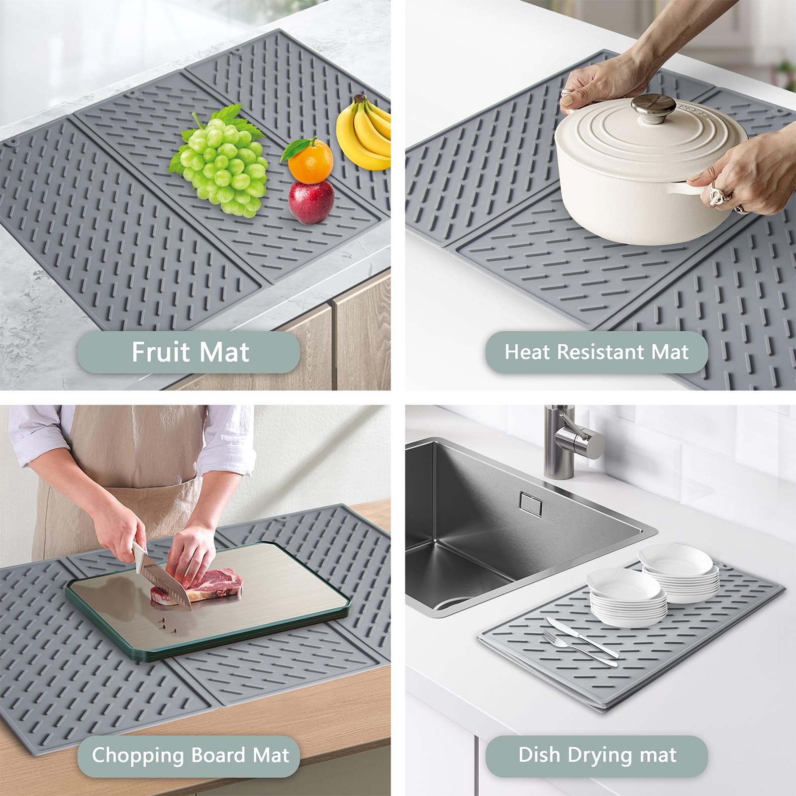 Tapete de secado de platos de silicona, tapete escurridor plegable de tres pliegues, almohadilla de secado con gancho para cepillo de taza, sin BPA, calor duradero, tapete de secado de platos de 24 x