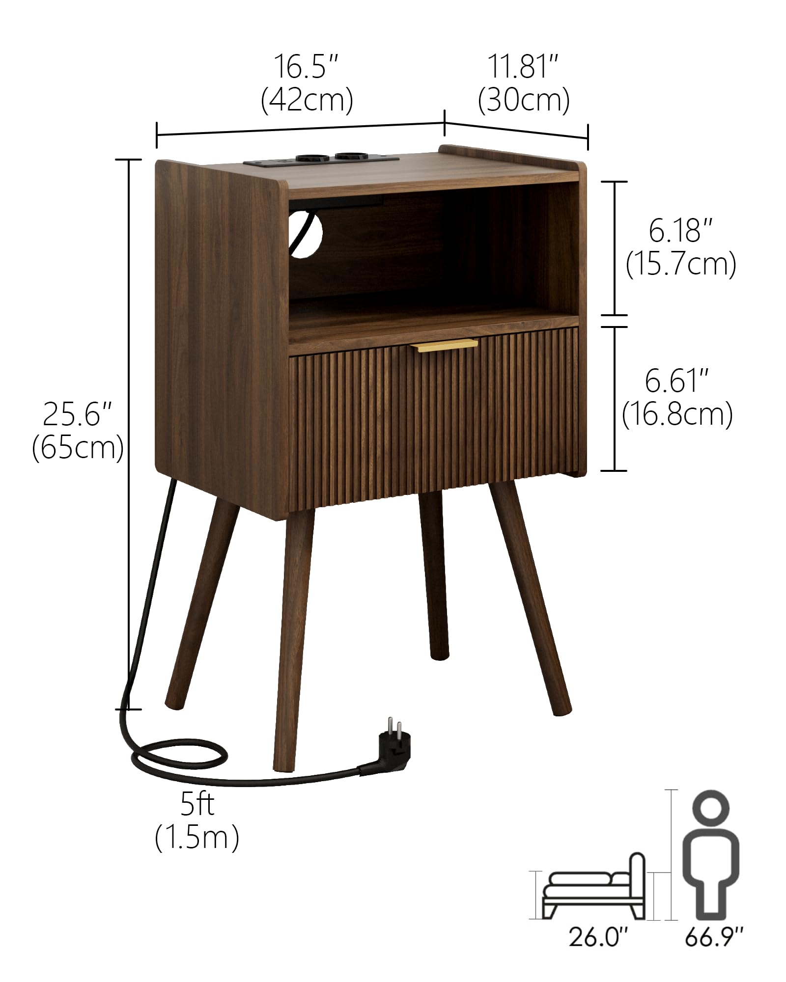 Nachttisch, Moderner Betttische mit Aufbewahrungsschublade und offener Holzablage, für Wohnzimmer, Schlafzimmer und kleine Räume, Akzent-Nachttisch mit Massivholzbeinen, einfache Montage (Nussbaum)